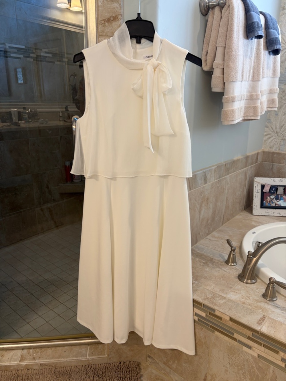 Calvin Klein Ivory Bow-Neck Sleeveless Midi Dress